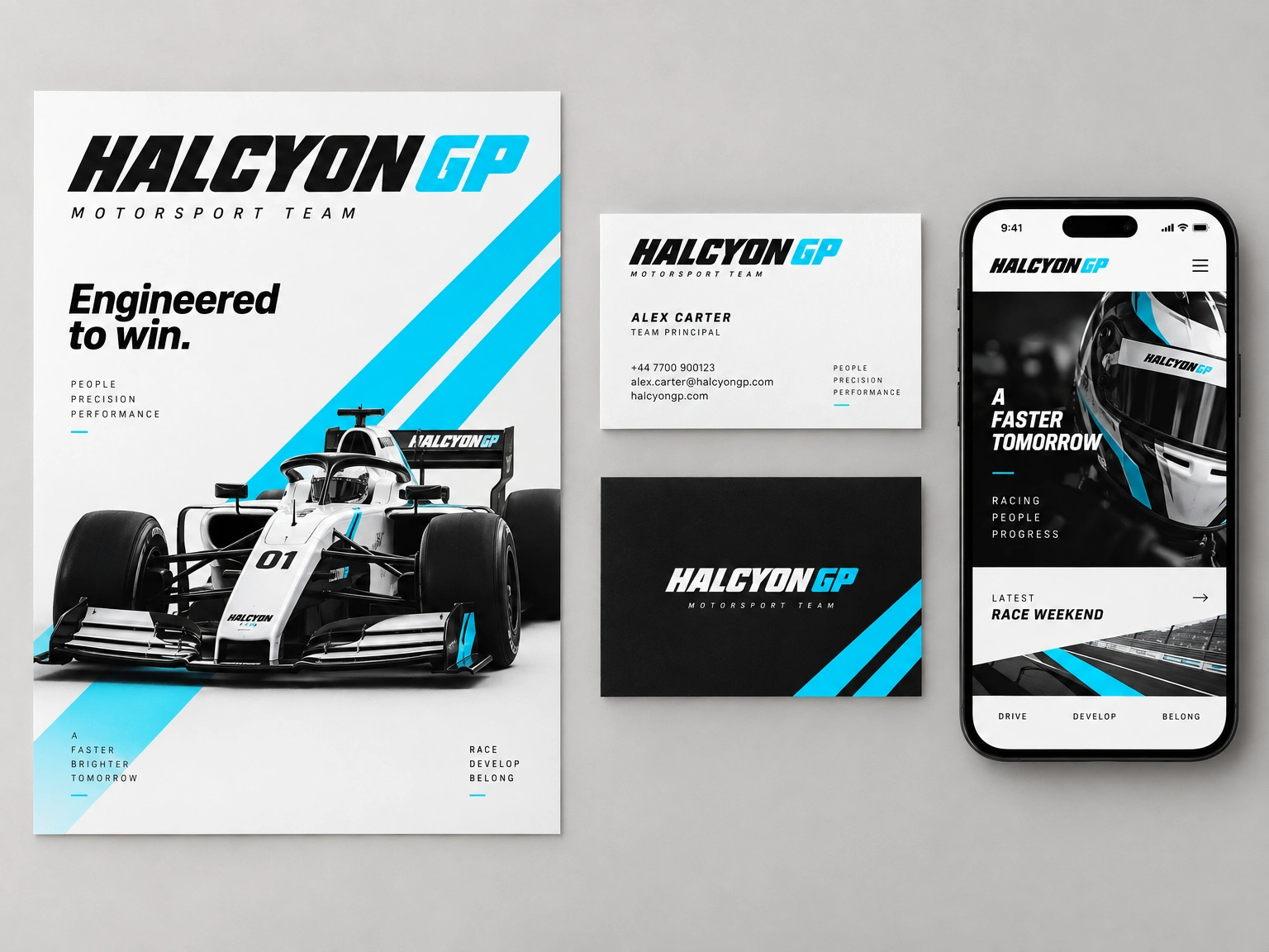 Halcyon GP motorsport collateral in white, electric cyan and black: poster, business cards and a phone homepage.