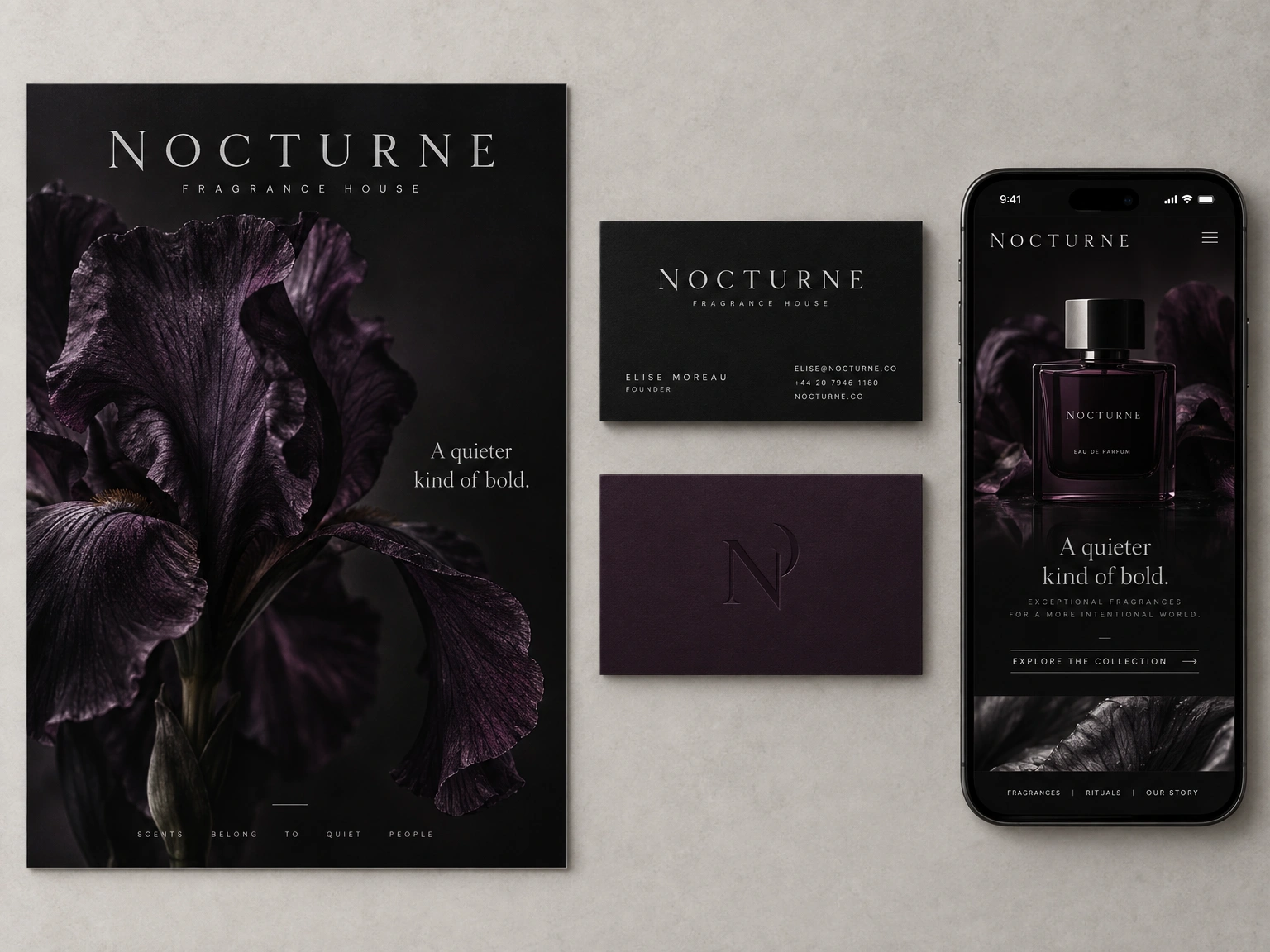 Nocturne fragrance collateral in black, plum and silver: poster, business cards and a phone homepage.
