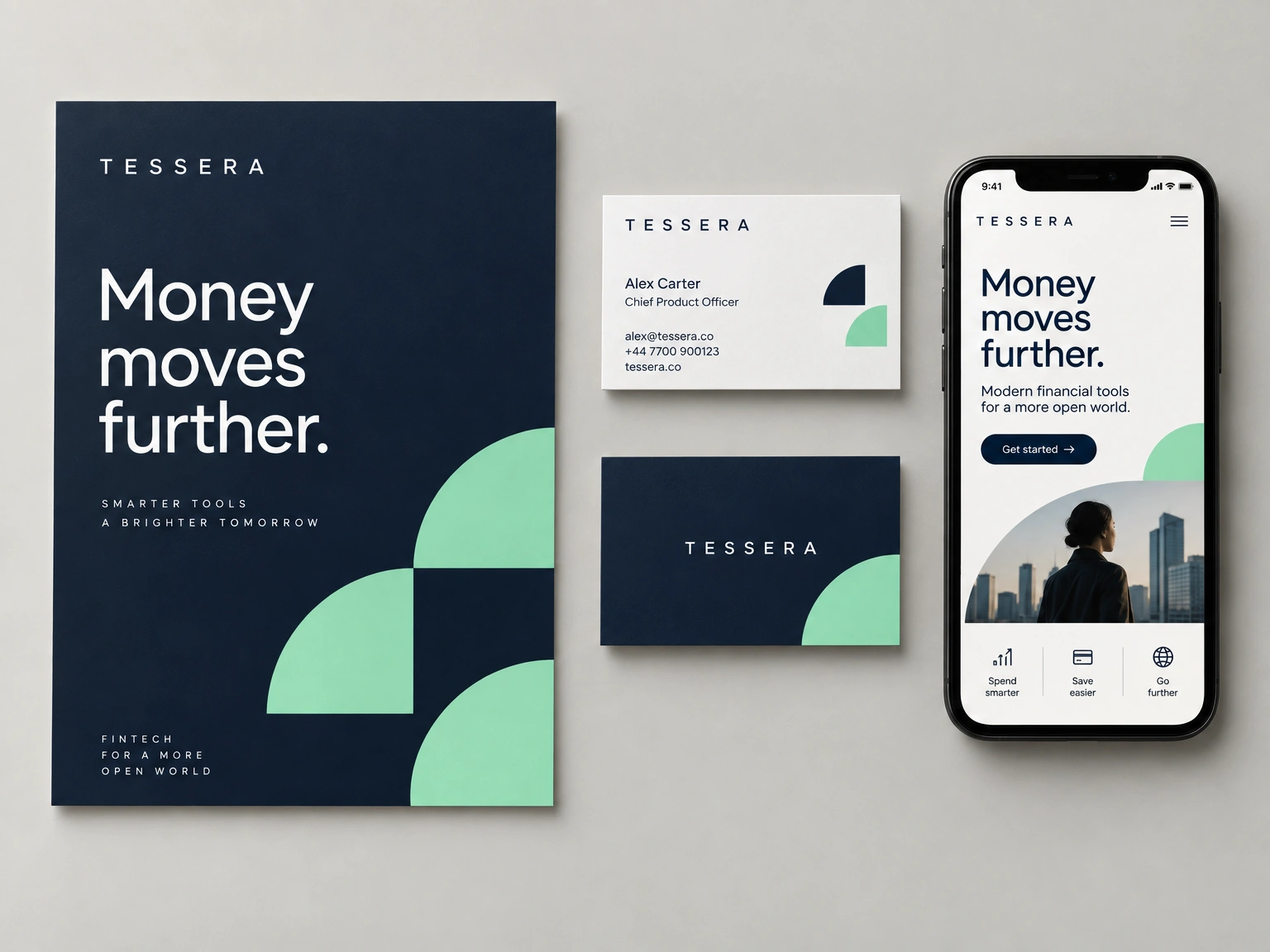 Tessera fintech collateral in navy and mint: poster, business cards and a phone homepage.