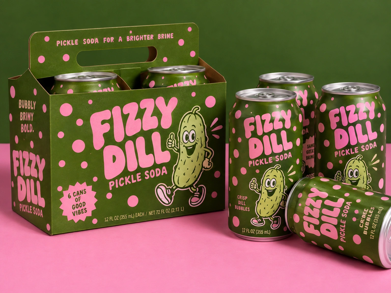 Fizzy Dill pickle soda six-pack in green and pink