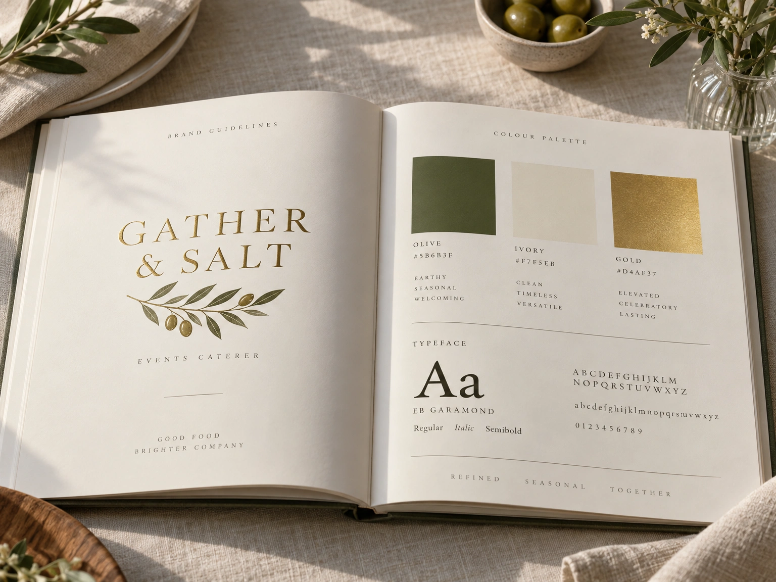 Gather & Salt brand book with olive, ivory and gold swatches