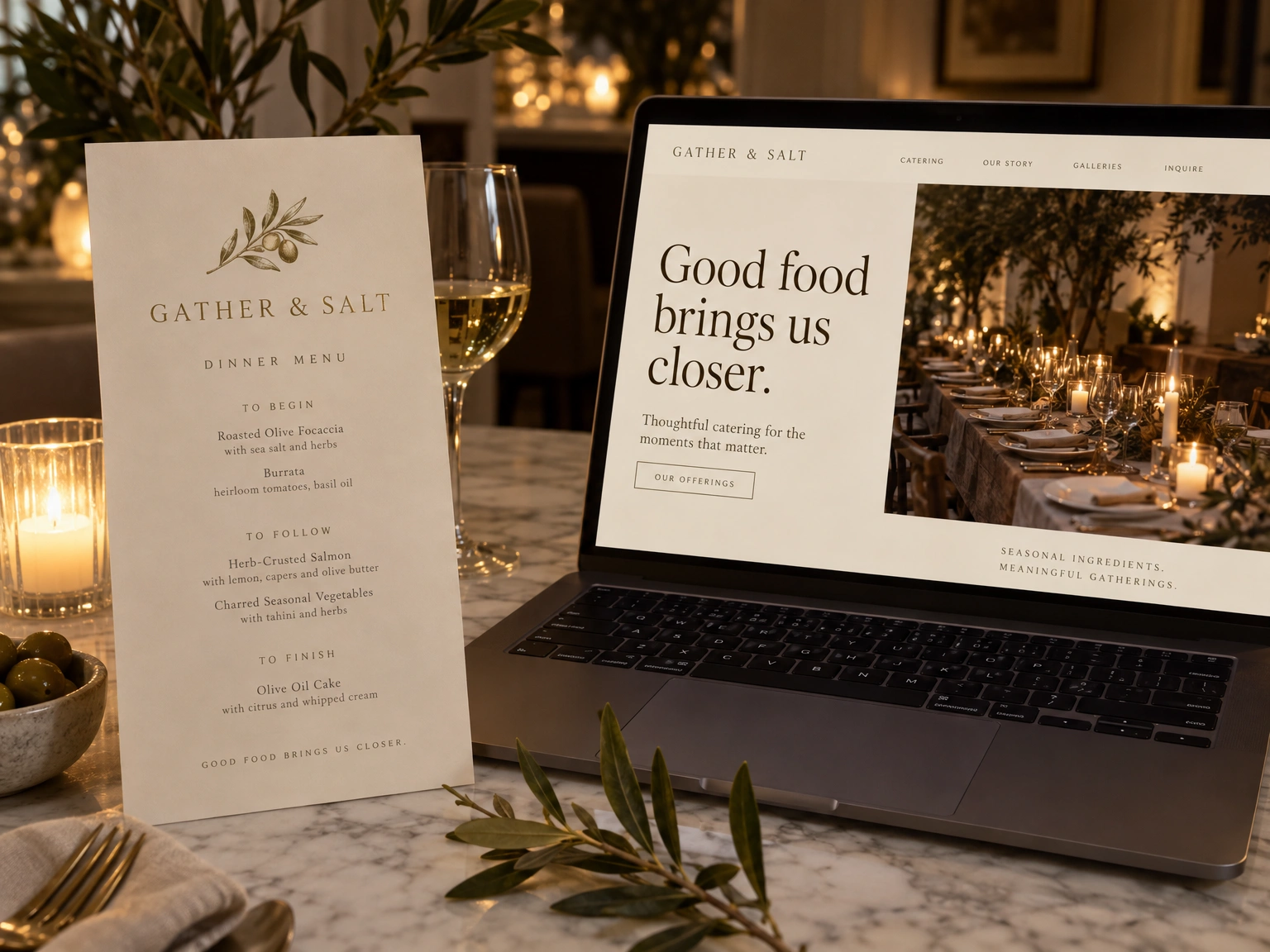 Gather & Salt dinner menu beside its website on a laptop