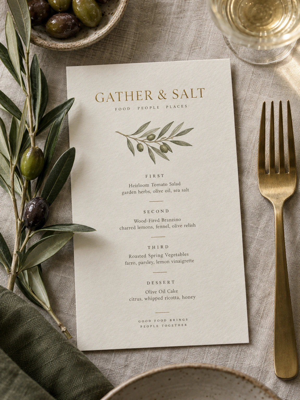 Gather & Salt dinner menu in ivory, olive and gold