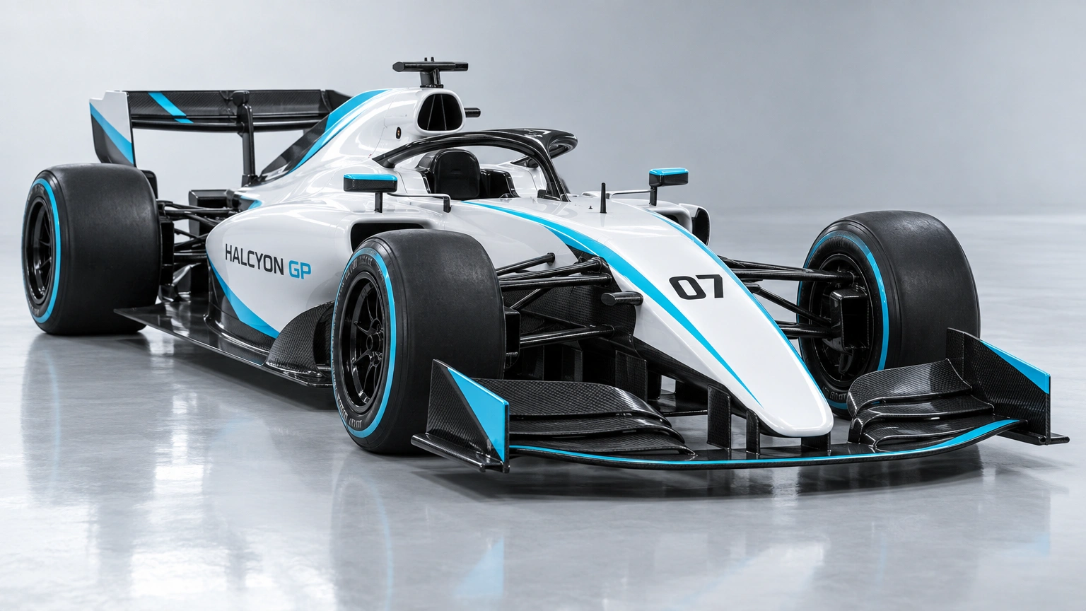 Halcyon GP race car in gloss white and electric cyan