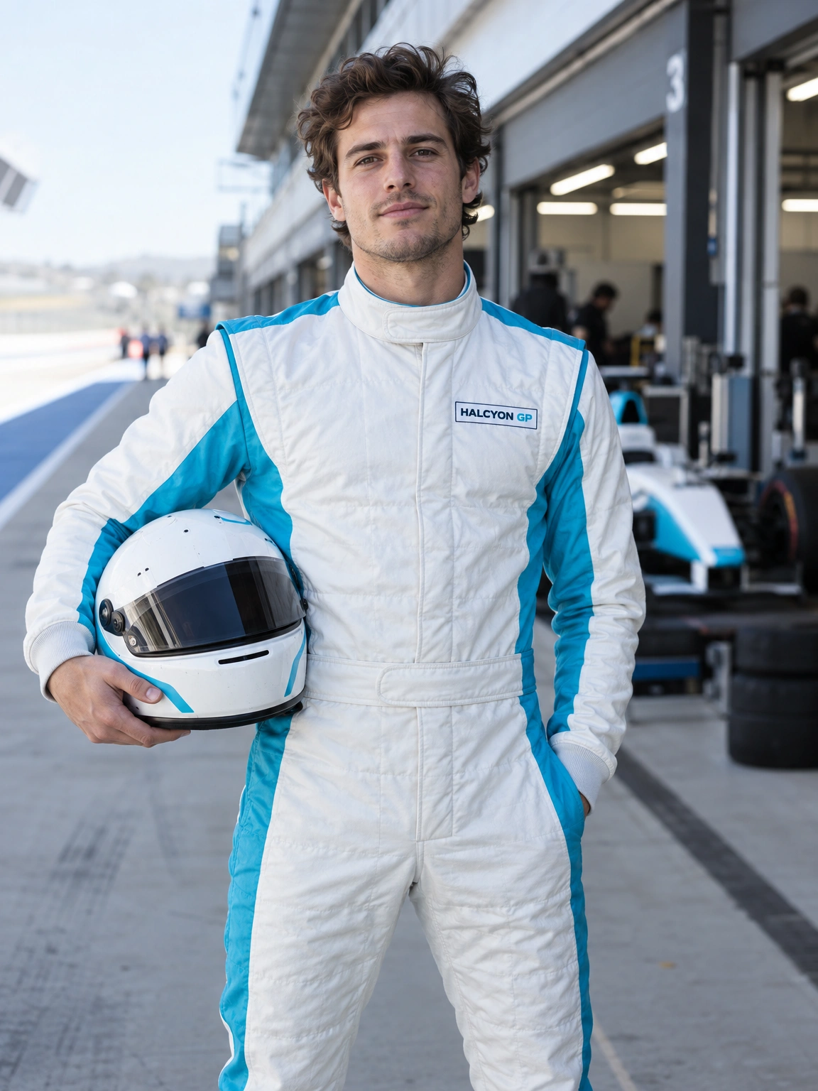 Halcyon GP driver in a white and cyan race suit in the pit lane