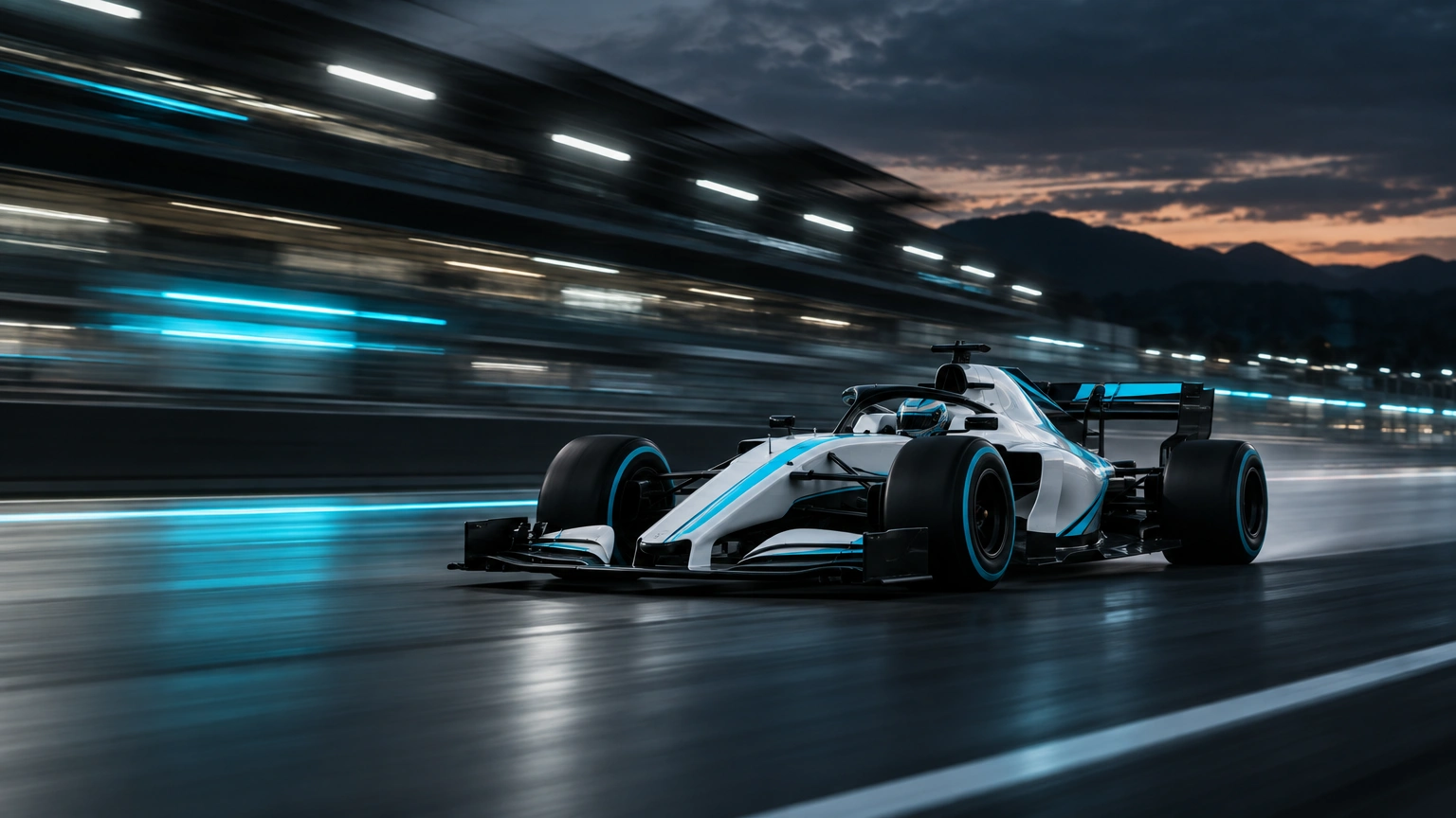 Halcyon GP race car at speed with cyan light trails