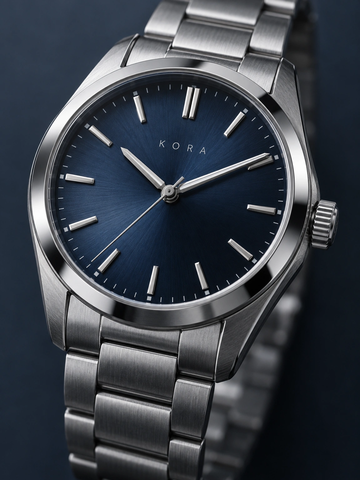 Kora steel watch with a midnight-blue dial