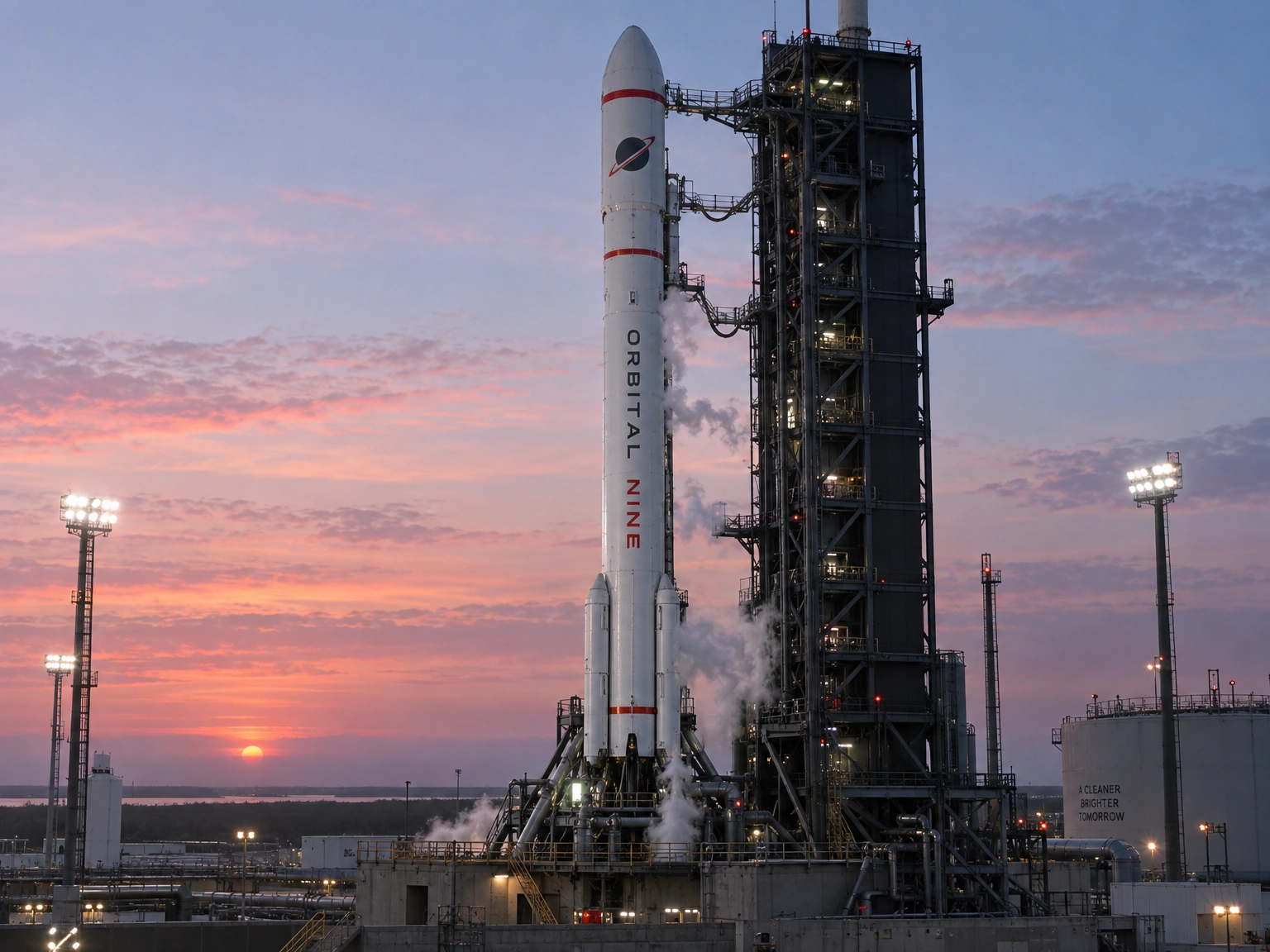 Orbital Nine rocket on its launch pad at dawn
