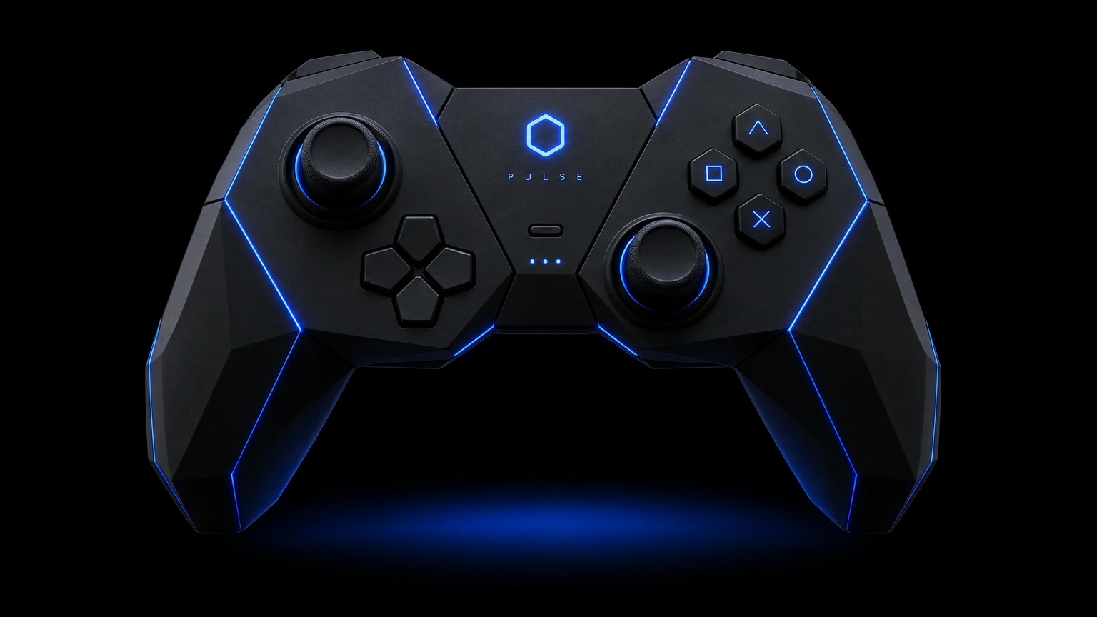 Pulse game controller with an angular shell and blue light