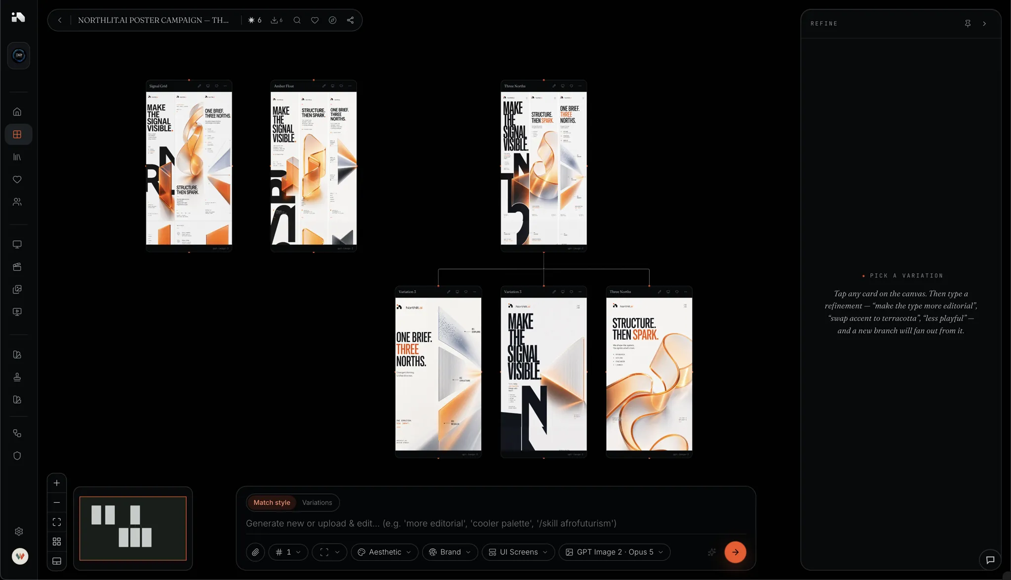 Northlit canvas: a poster-campaign brief fanned into three directions, with a refinement branch beneath and the refine panel open