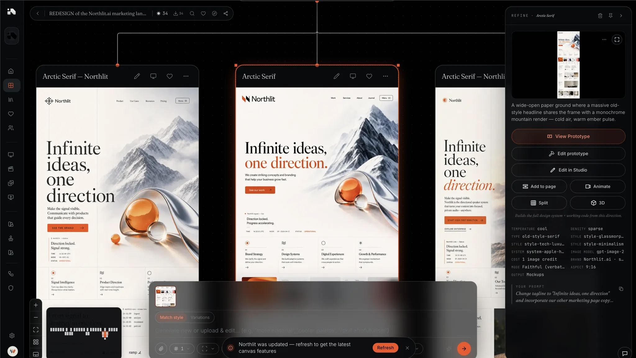 Northlit canvas in light mode: three Arctic Scroll landing-page directions side by side, all on the same brand