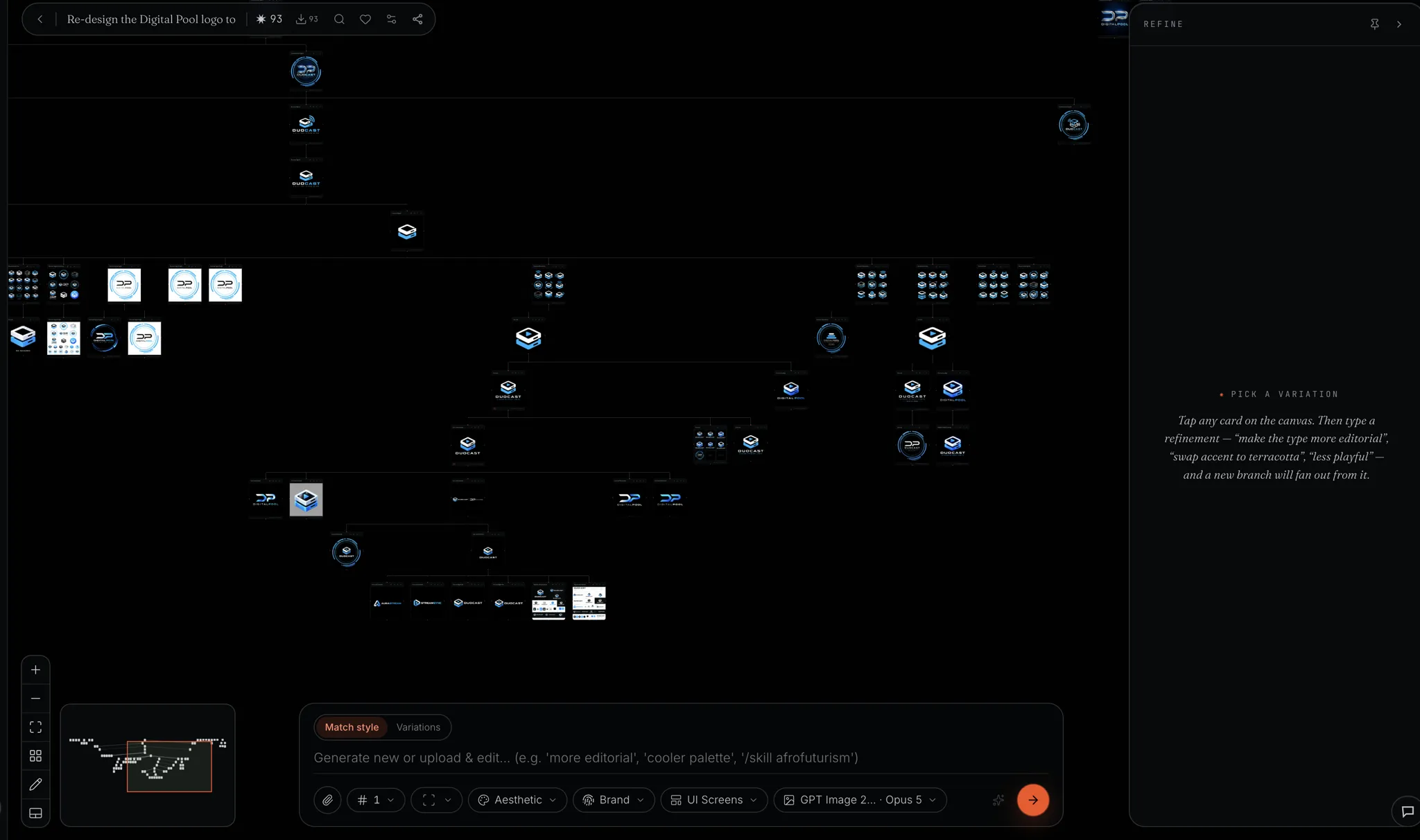 Northlit canvas: a family tree of Digital Pool logo marks, variants and lockups branching across dozens of cards