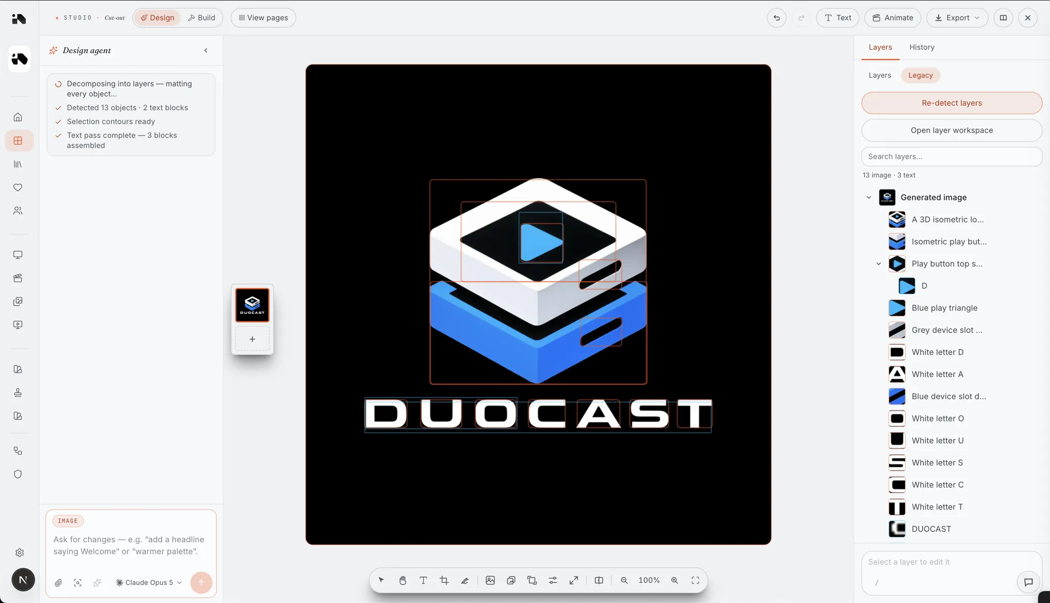 Northlit Studio: the DUOCAST logo decomposed into thirteen image layers and three text blocks, each outlined on the canvas