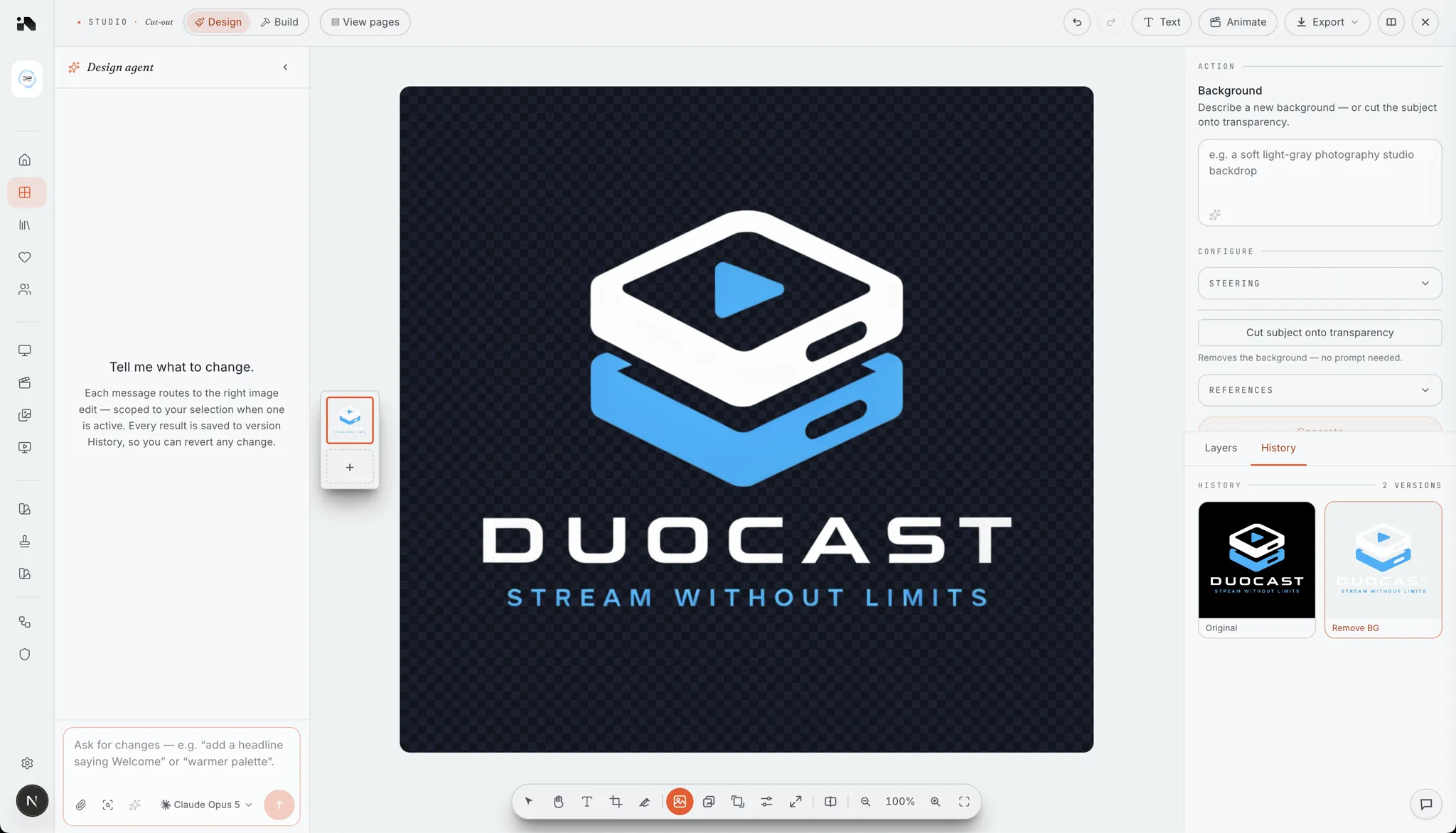 Northlit Studio: the DUOCAST mark on a deep blue background with the design agent panel open on the left