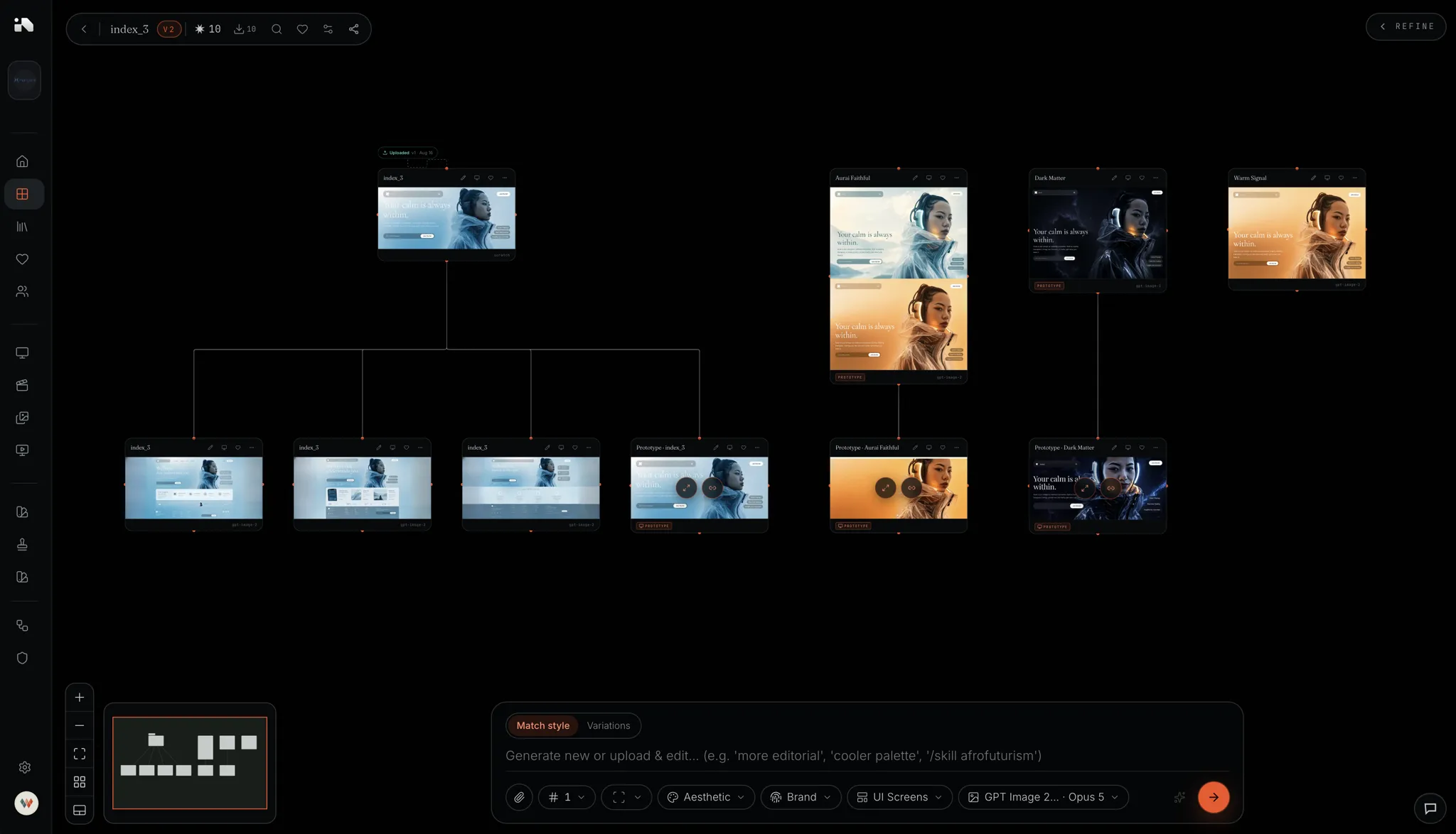 Northlit canvas: an uploaded landing page at the root with three redesigned directions and their prototypes branching below