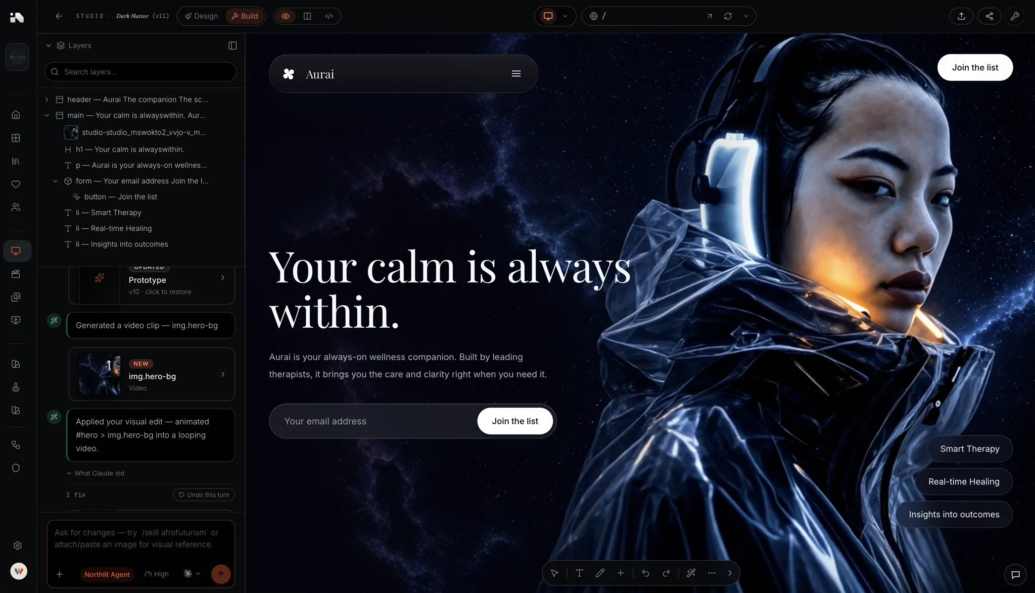 Northlit Studio in Build mode: the Aurai wellness landing page as a working prototype, with the layer tree and agent log on the left