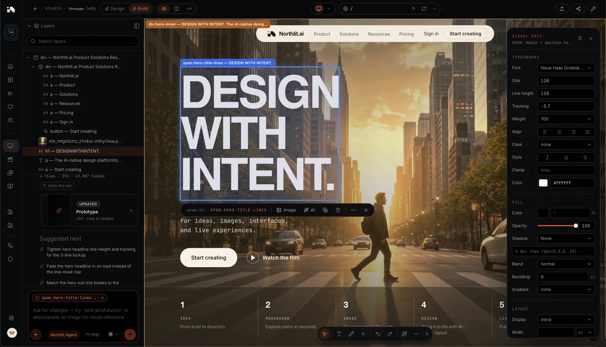 Northlit Studio: a Design With Intent landing prototype in the centre with the page tree on the left and style controls on the right